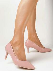 Tacones de punta almendrada de piel patentada, unicolor, minimalistas y prácticos de múltiples usos - Rosa - Ver 2