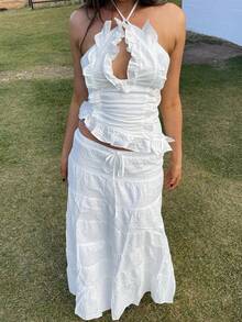 Y2k Maxi Skirt Set For Women Backless Lace Halter Top And Pleated Flowy Skirt Sets Beach Sheer Dress Summer 2 Piece Outfit Beach Set - trắng - Xem 6