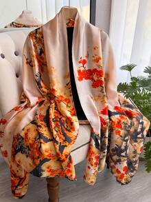 1 pieza Bufanda de mujer con estampado de hojas de ginkgo y flores de seda, chal versátil de moda para primavera y otoño, decoración diaria y viajes para vestidos - naranja - Ver 2