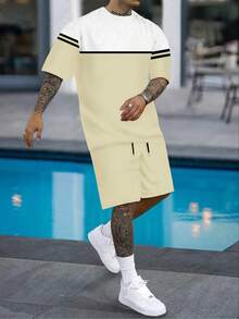 Camiseta e shorts de manga curta com estampa digital em bloco de cores para o verão masculino - Caqui - Ver 1