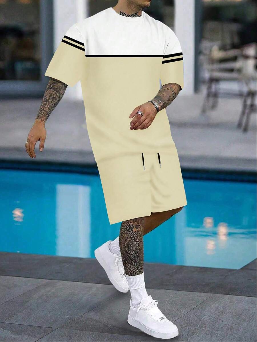 Camiseta e shorts de manga curta com estampa digital em bloco de cores para o verão masculino - Caqui - Ver 1