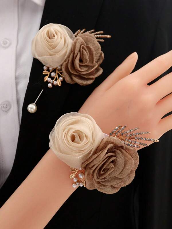 1 Champagne & Coffee Dual Flower Brooch + 1 Wrist Corsage, Ethereal Decor For Wedding, Groom, Bride, Bridesmaid, Party, Marriage Celebration, Daily Wear