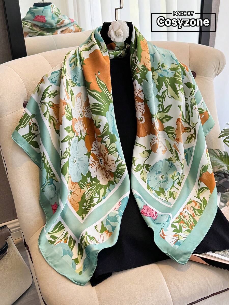 1条优雅印花方巾，尺寸35.4英寸，百搭女士头巾，适合休闲时尚街头风，户外防风防晒披肩，连衣裙造型的完美配饰。 - 綠色 - 查看 1