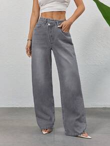 Vintage hellgraue Jeans, Damen Mode Design Lässig Straight Loose Schräg Knopf Jeans, Frühling/Sommer - Hellgrau - Übersicht 3