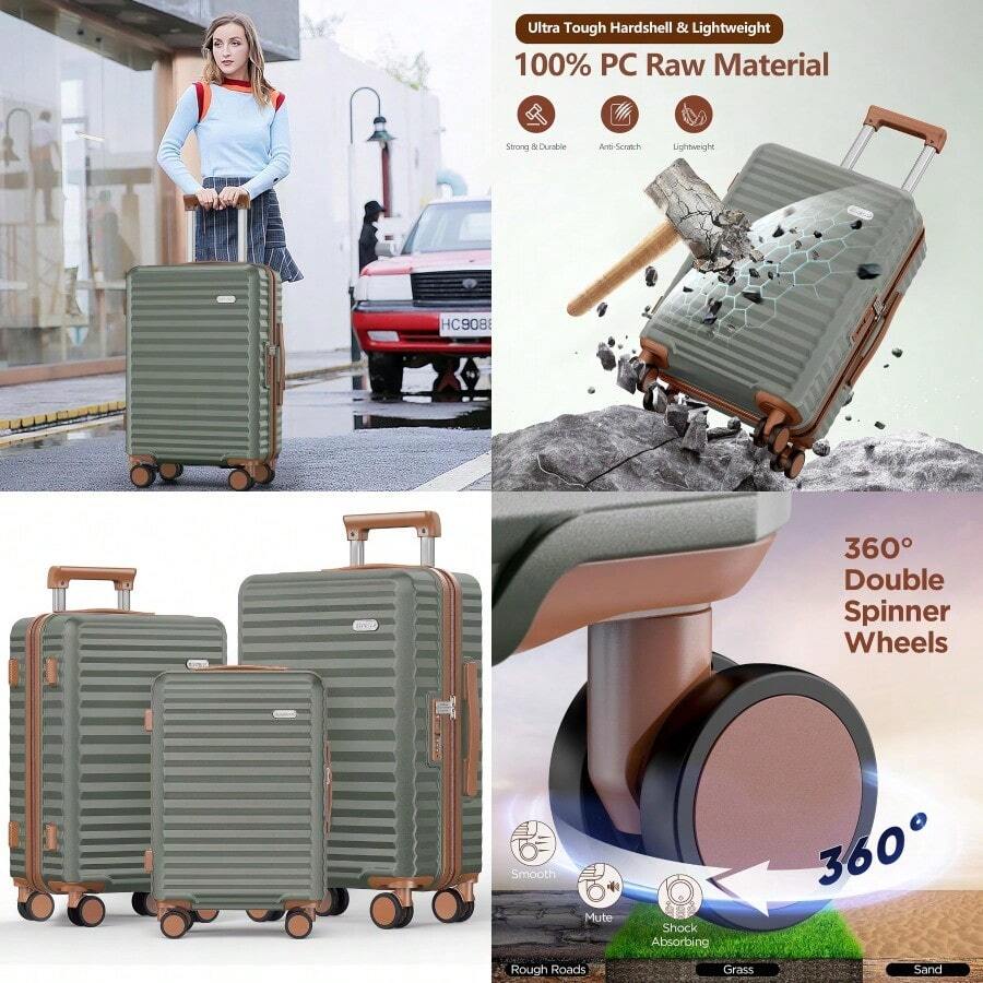 Suitcase Sets 3 Piece Hard Shell PC Expandable Lightweight Durable Carry On Travel Hand Lage With Double Spinner Wheels TSA Lock Light Green - 3PieceSet - View 1