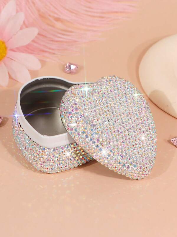 1pc Heart Rhinestone Fashion Jewelry/Hair Accessory Storage Box For Women Storage Organizer Travel Essentials Gift Back To School