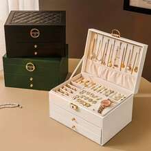 經典珠寶盒收納盒，3 層珠寶收納盒，帶 2 個抽屜，帶手柄的珠寶收納盒，大容量收納盒，可拆卸珠寶托盤，13.7 x 17.2 x 23.2 厘米，珠寶收納盒，送給媽媽的禮物，禮物之選，白色，黑色，墨綠色