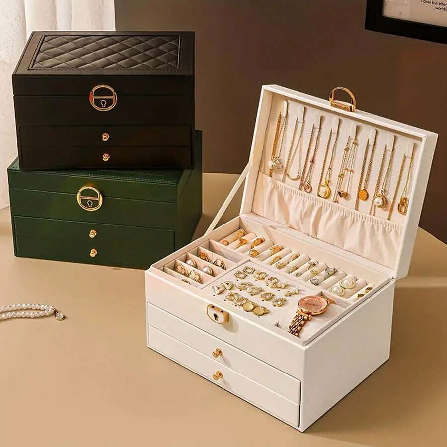 經典珠寶盒收納盒，3 層珠寶收納盒，帶 2 個抽屜，帶手柄的珠寶收納盒，大容量收納盒，可拆卸珠寶托盤，13.7 x 17.2 x 23.2 厘米，珠寶收納盒，送給媽媽的禮物，禮物之選，白色，黑色，墨綠色