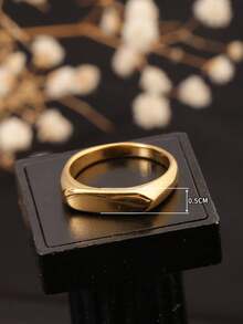 1 pièce Bague signet à barre lisse géométrique plaquée or 18 carats en acier inoxydable, élégante et polyvalente, mode personnalisée, convient pour le port quotidien et les fêtes, cadeau pour la petite amie ou la meilleure amie - Bague en  artificiel cabochon couleur or, taille diamant. - Voir 5