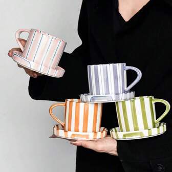 1 pieza Juego de taza y platillo de cerámica a rayas en negro y blanco, estilo vintage francés minimalista clásico a rayas en blanco y negro, adecuado para cafetería, cocina, té de la tarde, fotografía, regalo de cumpleaños