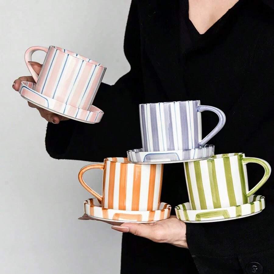 1 件黑白条纹陶瓷杯碟套装，复古法式简约经典黑白条纹陶瓷咖啡杯碟，适用于咖啡厅、厨房、下午茶、摄影、生日礼物