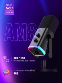 FIFINE Microfone USB/XLR para Games, Podcasts, Microfone Dinâmico com RGB Controlável, Silencio Tátil, Saída para Fone de Ouvido, Suporte de Mesa, Microfone Vocal para Cantar, Games, Streaming, Podcasts - FIFINE AM8