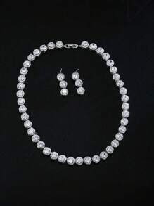 1 Set Luxury Crystal Wedding Bridal Jewelry Set, Including Necklace And Earrings, CZ Zirconia