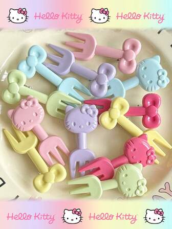 Sanrio Set de 10 piezas/30 piezas/50 piezas de tenedores de fruta con diseño de gato Kt de dibujos animados, tenedor de fruta creativo con diseño de animales lindos, tenedor de postre, ideal para fiestas, cumpleaños, vacaciones, regalo perfecto para amigos, colegas y familia, útiles escolares