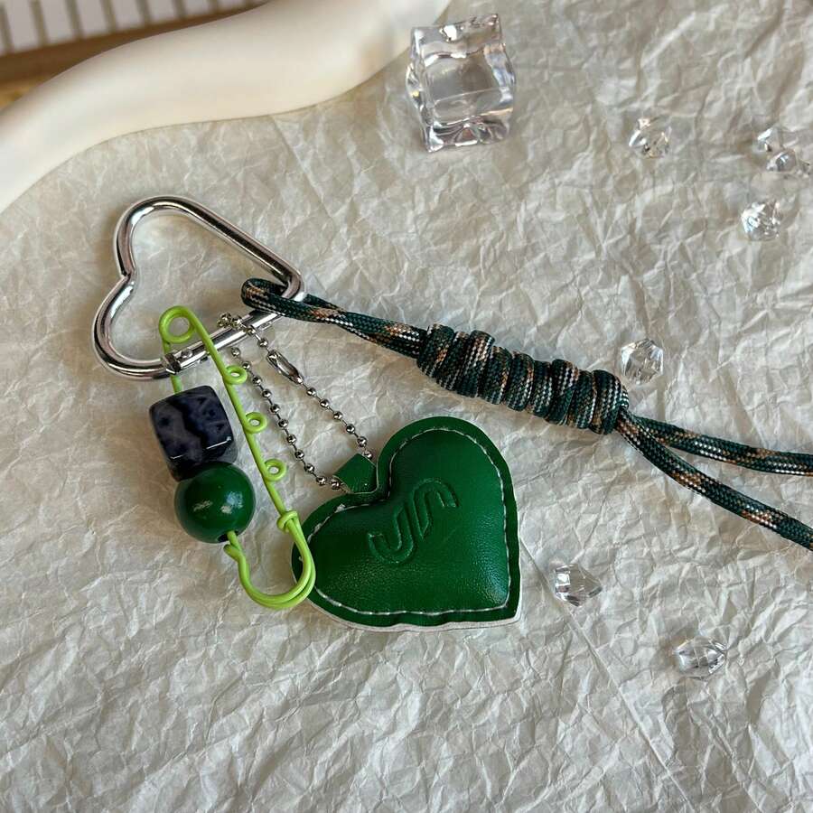 Creative Leather Heart Knot Chain Alloy Keychain Bag Charm Decoration, Versatile Couples Gift - Dark Green - View 1