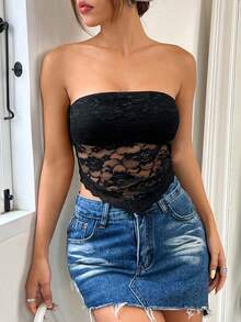 Lace Patchwork Asymmetric Hem Sexy Sleeveless Strapless Crop Top - Black - View 3