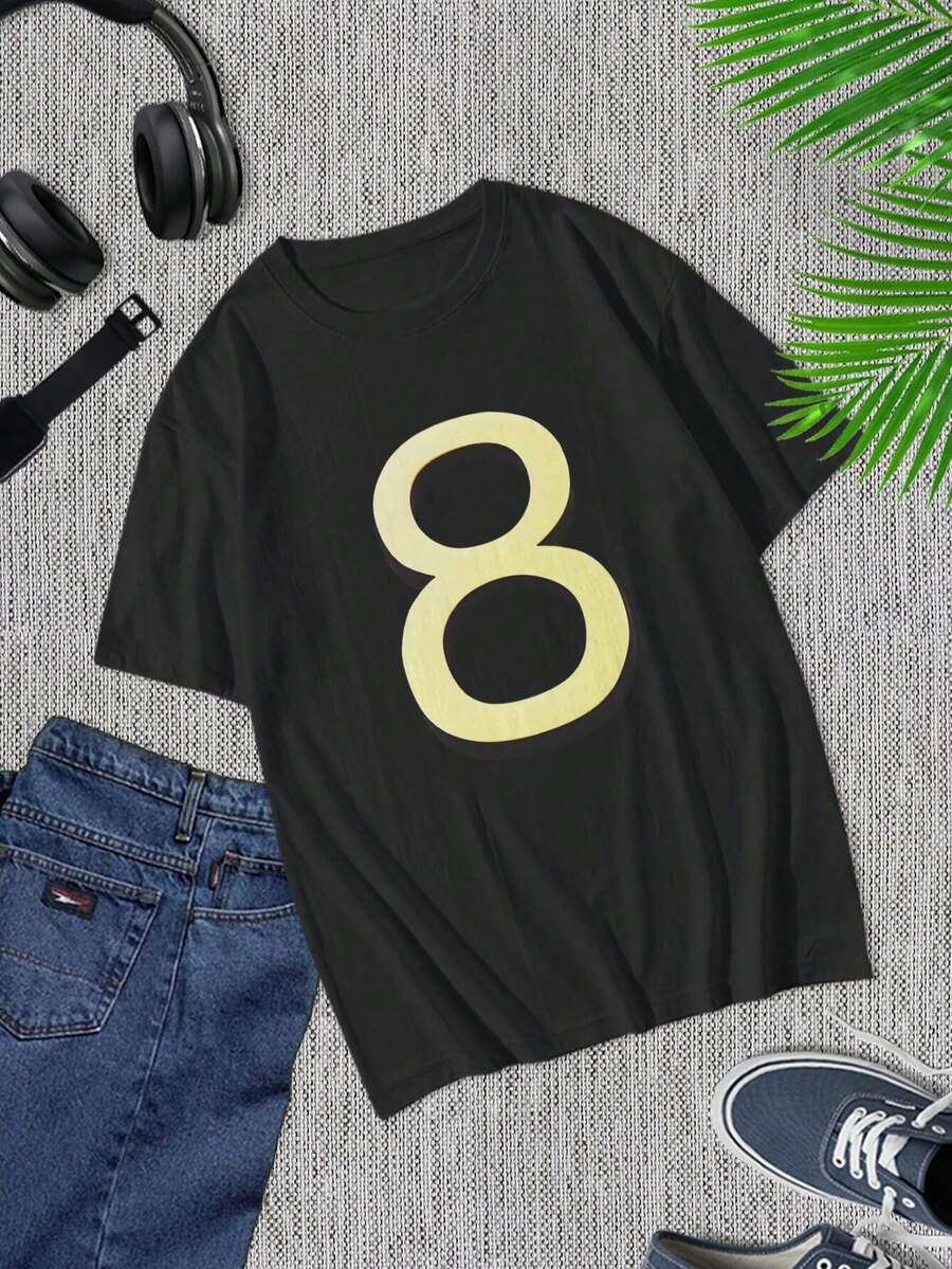 Camiseta gráfica divertida para hombre - Regalo de cumpleaños con número de la suerte, camiseta informal de cuello redondo, blanca, de manga corta - Negro - Ver 1