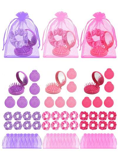 30/15/3pcs/Set Pink/Purple/Rose Pink Party Gift Set, Pink Organza Storage Bag, Pink Hair Accessories, 2-In-1 Foldable Mirror & Hair Brush, Makeup Party Gift, Party Supplies Set, Portable Air Cushion Comb, Makeup Ball Gift Set, Women Party Gift Set
