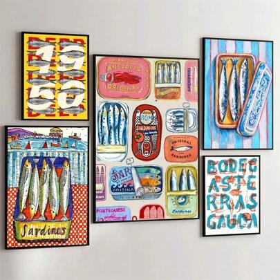 1 Stück buntes Sardinen--Fisch Ozean Poster Kunst Kaffeehaus Bar Raum Wanddekoration Geschenkrahmen optional, Wandkunst mit Rahmen Küchendekoration