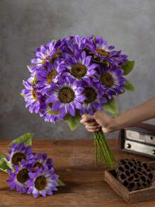 1pc Artificial Sunflower Bouquet, Double Head Blue Sunflower Long Stem Silk Fake Big Sunflower Decoration For Garden Decoration Supplies Outdoor Home Wedding Birthday Party Decoration, Mother's Day Or Birthday, Anniversary Gift Flower Arrangement Decoration, Farmhouse Home Bohemian Style Wedding Table Centerpiece,Fall Decor,Autumn