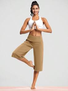 Women's Wide Leg Yoga Capris High Waist Loose Fit Dress Pants With Pockets Casual Lounge Capri Pants For Women - 深卡其色 - 查看 5