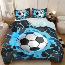 3pcs Set Fashion Queen & Oversized Space Shards Ice Fire Blue Soccer Bedding Set, Cool Space Art Print Duvet Cover & Pillow Sham Set, Soft Smooth Zipper Design, Suitable For Guest Room, Bedroom, Single/Double Bed (Includes 1*Duvet Cover, 2*Pillow Shams, No Comforter/Pillows Included)