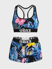 Ladies' Fashionable Cartoon Printed Pattern Swimming, Fitness, Yoga, Boxing, Running And Other Essential Sports Underwear Set, Full Body Flower Printed Plant Butterfly Classic Sexy Sports Underwear For All Seasons - Blue - View 2