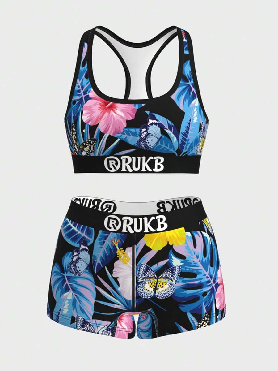 Ladies' Fashionable Cartoon Printed Pattern Swimming, Fitness, Yoga, Boxing, Running And Other Essential Sports Underwear Set, Full Body Flower Printed Plant Butterfly Classic Sexy Sports Underwear For All Seasons