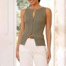 Women's Ribbed Knit Button Down Tank Tops Y2K Solid Color Sleeveless Round Neck Slim Fit Vests Shirts Summer Going Out Crop Tops Streetwear
