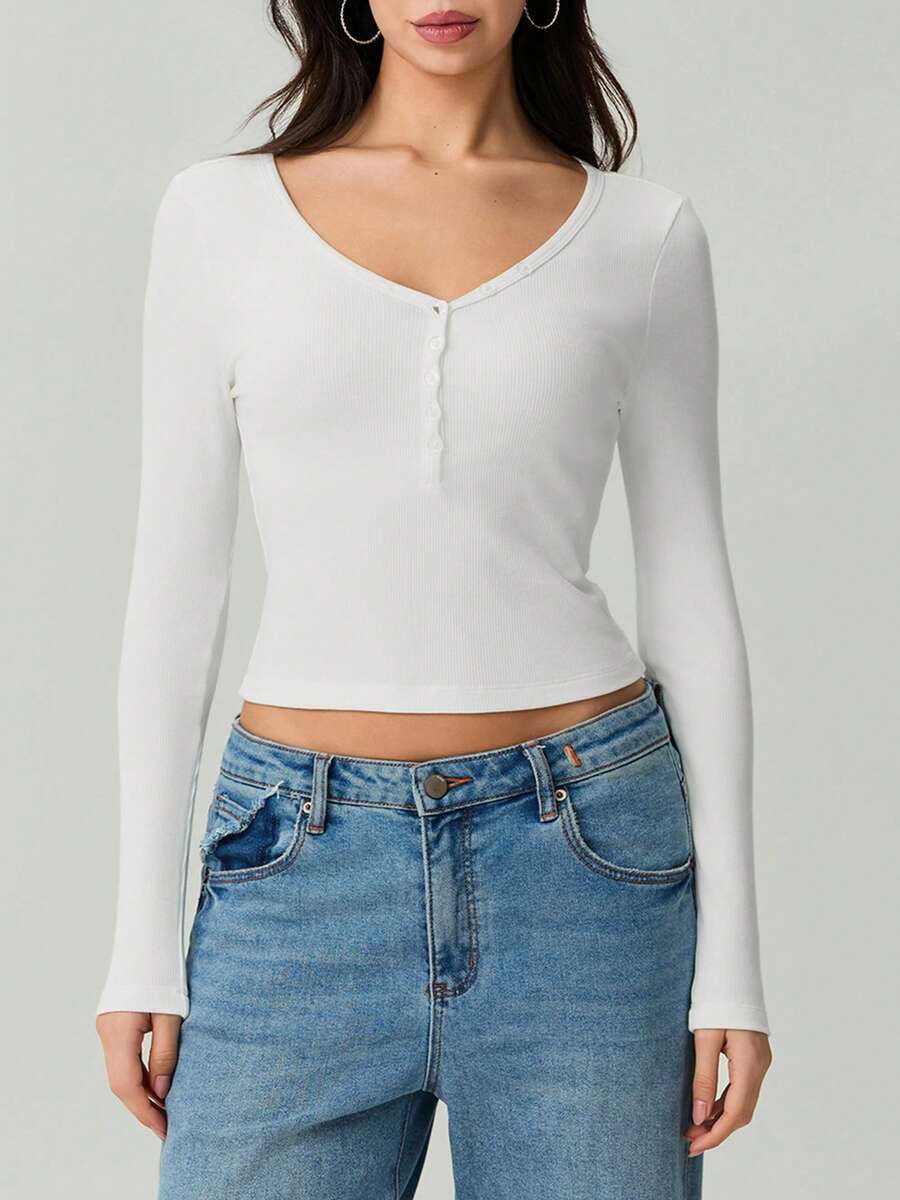 Women's Summer Slim Cropped Tops Solid Color Ribbed Long Sleeve V-Neck Button Show Navel T-Shirt - White - View 1