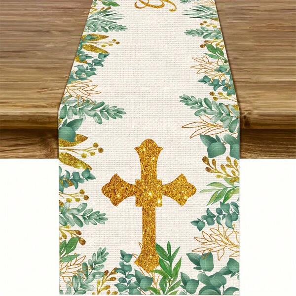 1pc First Holy Communion Party Decoration Tablecloth, God Bless Green And Gold Kitchen Home Decor, Suitable For Gender Reveal Babyshower Party Decorative Tableware