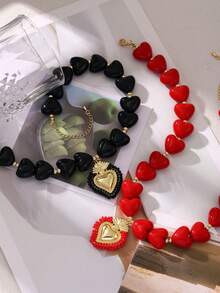 1 pieza Collar con colgante de perla de resina de estilo elegante y lujoso Y2K, con cuentas de cobre en forma de corazón, color rojo, regalo de joyería para hermanas, parejas, adecuado para el Día de San Valentín, citas, fiestas, bodas, vacaciones, Navidad, usar joyería roja - collar - View 7