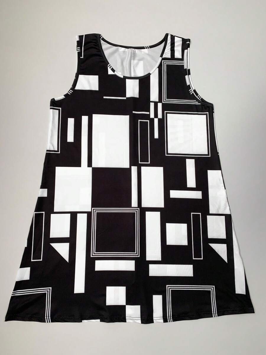 女士加大码夏季连衣裙，几何图案无袖中长连衣裙（1X-5X 码可选），休闲波西米亚风时尚沙滩裙，女士度假装