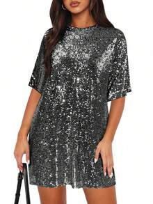 新款夏季欧美风女式圆领优雅休闲宽松亮片派对晚礼服 - 黑與白 - 查看 5