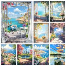 Kit da ricamo in diamanti 5D con scena di lago tranquillo - kit completo con puntini rotondi, scena di una barca e di una finestra su tela, decorazione per la casa vivace, nuovo kit di pittura di diamanti