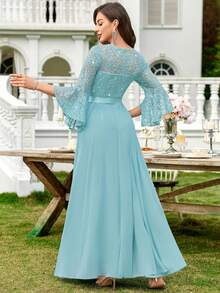 MIUSOL Sequin Floral Lace Bell Sleeve Colorblock Chiffon Ruffle Hem Formal Party Dress, Wedding Guest Gown - Mint Blue - View 3