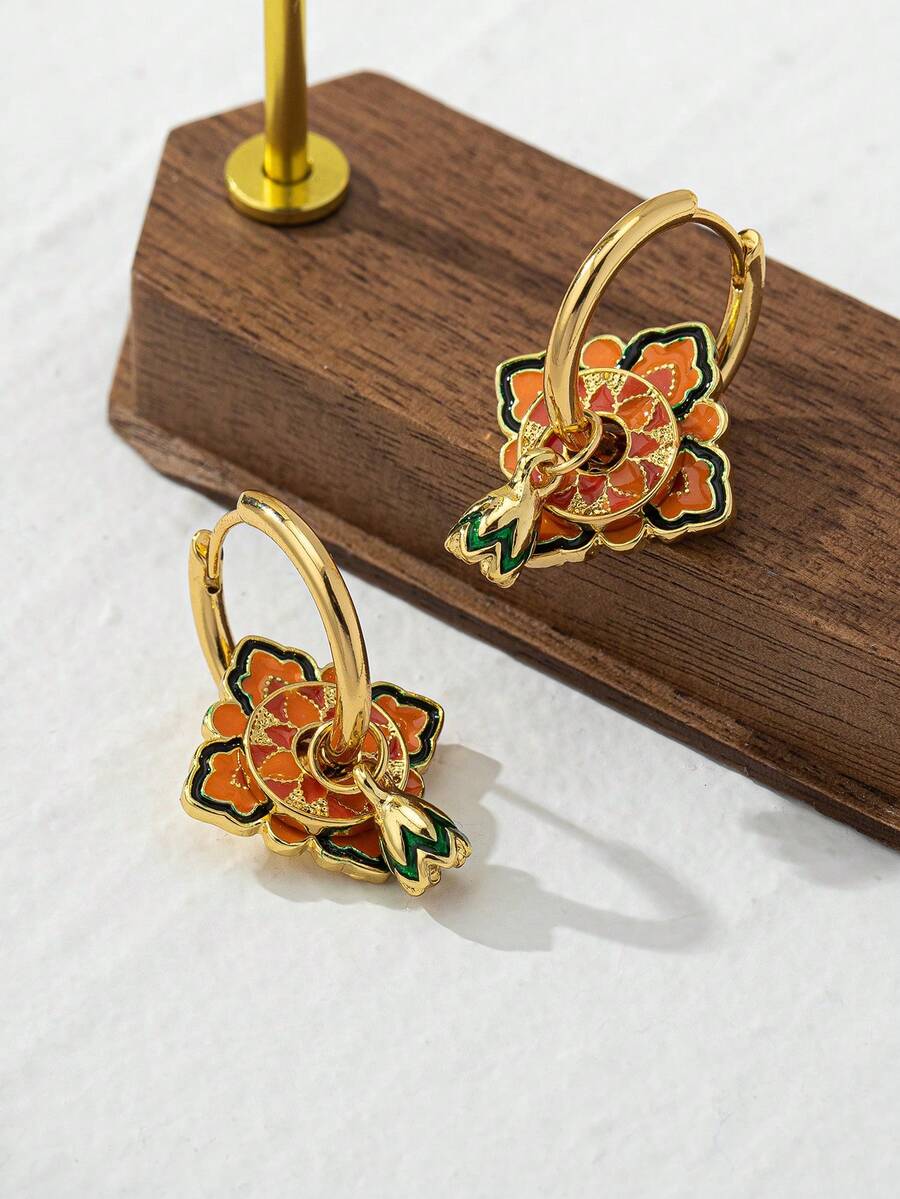 1 Cặp hợp kim đồng mạ vàng và men Macaron Series Dual-Wear Clover, Pentacle, Bông tai hình tròn tráng men thả cho phụ nữ, Thời trang đa năng, Bông tai vòng tự làm, Quà tặng Ngày của Mẹ - Hoa sen cam - Xem 1