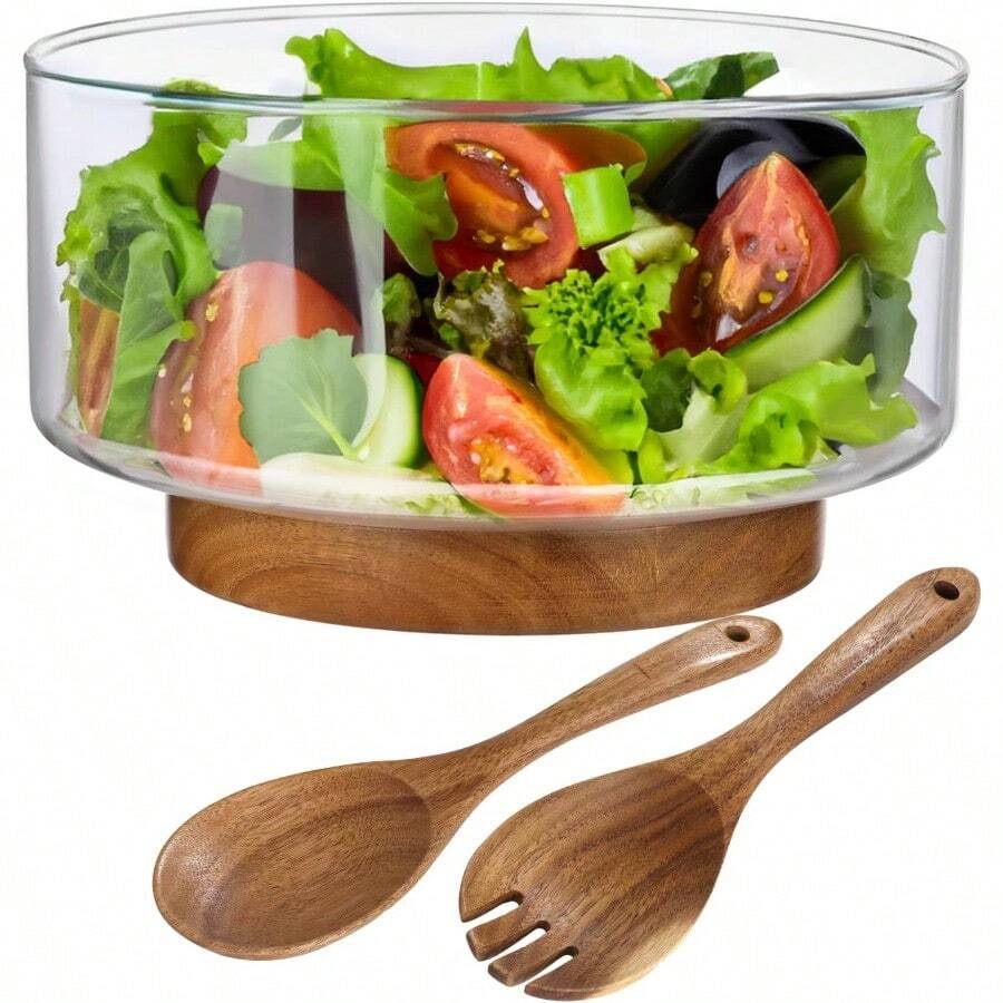 Large Glass Salad Bowl Set, 3.8 QT Clear Glass Serving Bowl With Serving Utensils&Wood Base, Big Mixing Bowl For Salad Fruits Pasta Vegetables - 1 - 查看 1
