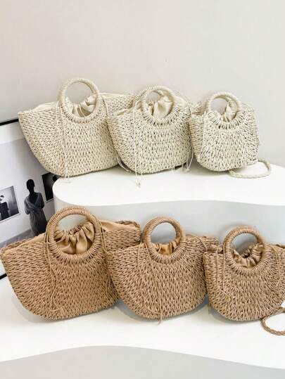 Luxury Hollow Designer Beach Shoulder Bag High Quality Brand Straw Handbag Women Summer Raffia Woven Travel Basket Tote Bags Summer Handmade Bags For Women Beach Weaving Ladies Straw Bag Wrapped Beach Bag Moon Shaped Top Handle Handbags Totes