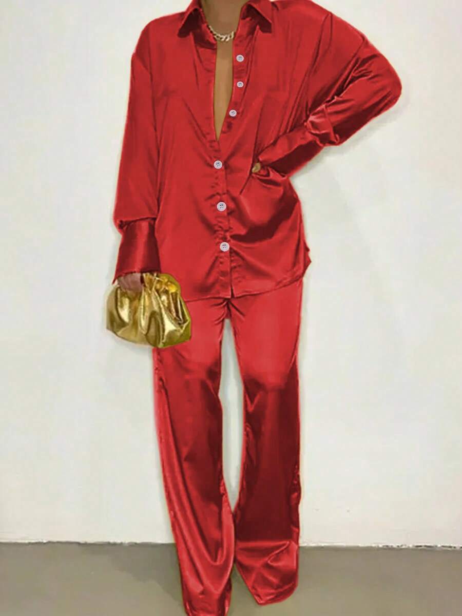 2pcs Setelan Blus Wanita Satin Kerah Bahu Jatuh dan Celana Kasual Merah Elegan - Merah - View 1