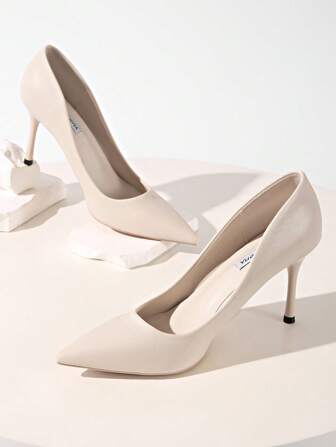 女士米色哑光皮革8.5厘米细高跟尖头浅口性感派对夜店时尚婚礼通勤日常高跟鞋，优雅