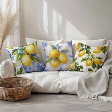 4 pièces Set de housse de coussin thème citron bleu d'été, imprimé sur un seul côté en velours pêche, 45*45CM/18*18 pouces, pour la décoration d'un canapé moderne, la décoration de fête, un cadeau
