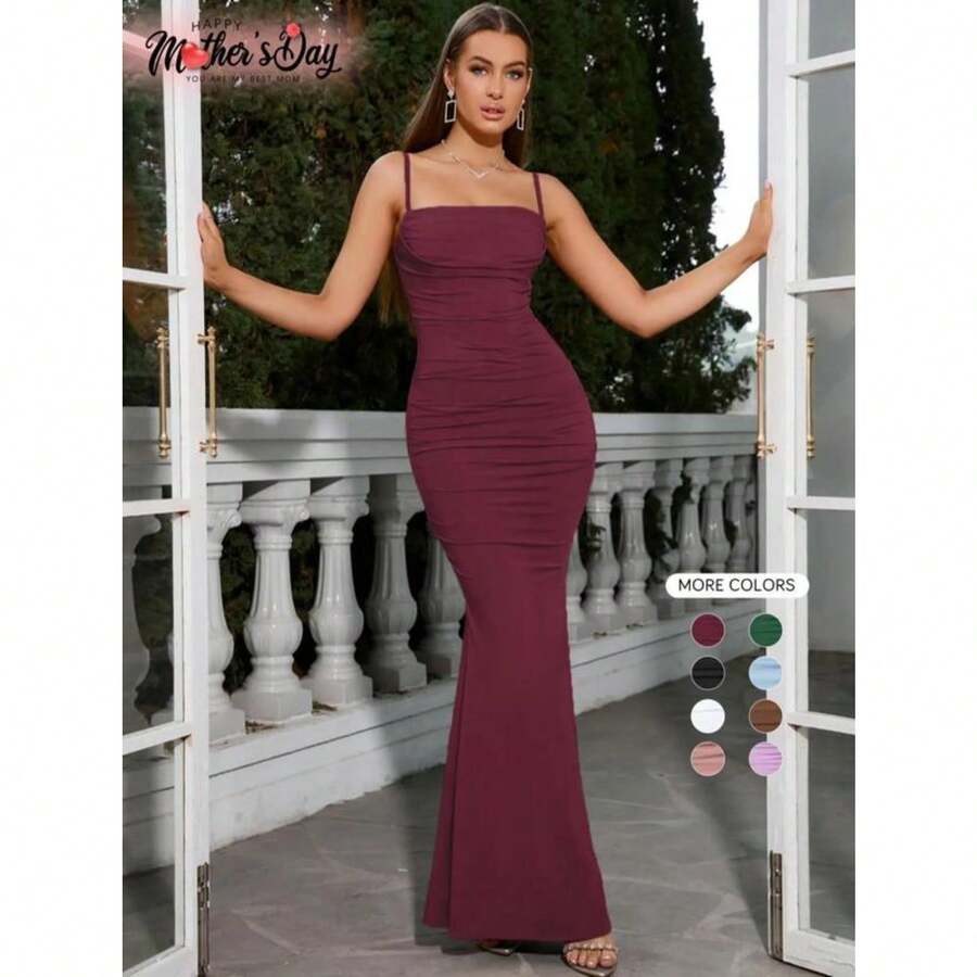 Women's Plain Ruched Mermaid Cami Dress, Elegant Sleeveless Spaghetti Strap Maxi Dress For Party Evening, Women's Clothing, Ladies Summer Clothes, Valentine's Day Gift For Girl, Dresses For Women - 酒紅色 - 查看 1