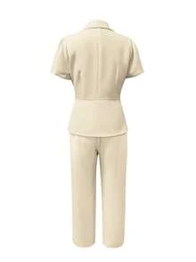 2 件套女士泡泡袖上衣和长裤商务套装、工作装 - 香檳色 - 查看 7