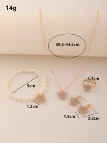 5pcs/Set Girls' Plastic Butterfly Necklace, Pearl Beaded Bracelet, Earrings, Ring Set, Decoration For Daily And Vacation
