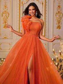 VIPGIRL Đầm dự tiệc sang trọng xẻ đùi cổ bèo nhún bất đối xứng, váy dự tiệc cưới dạ hội thanh lịch, váy dự tiệc tốt nghiệp, váy dự tiệc tối - trái cam - Xem 8