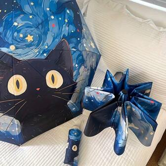 1pc Van Gogh-Style Cute Cat Pattern Umbrella, Stylish Highly Attractive Black Plastic Sunscreen Shading Folding Flower Umbrella, Summer Must-Have Travel Umbrella, Suitable For Princess, Students, And Women