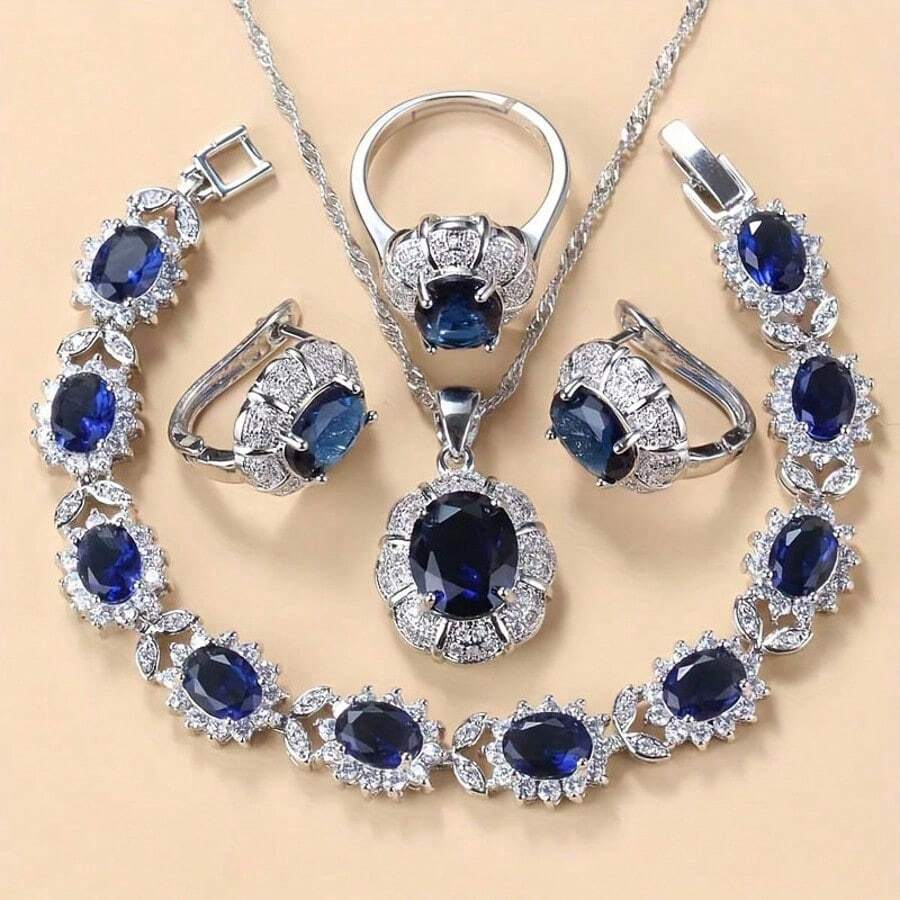 925 Prata Banhado Colorido Zircônia Cúbica Moda Festa Luxo Qualidade Casamento Noiva Elegante Conjuntos de Jóias Para Mulheres Colar Pingente Brincos Pulseira Anel Conjuntos de 5 Peças Presente
