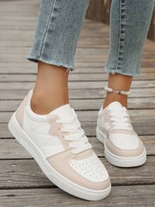 Women's Sports Casual Sneakers, Perforated Bicolor Design White Flat Sports Shoes, Soft Bottom Lightweight, Versatile Casual White Shoes