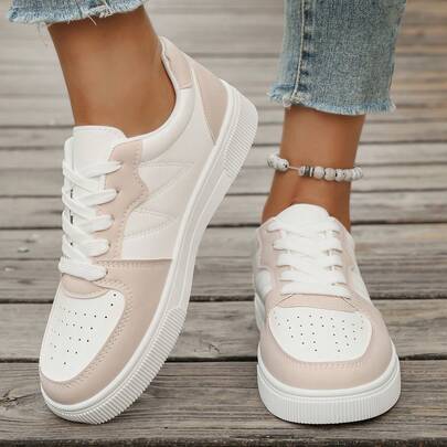 女士运动休闲运动鞋，穿孔双色设计白色平底运动鞋，软底轻便，百搭休闲白鞋